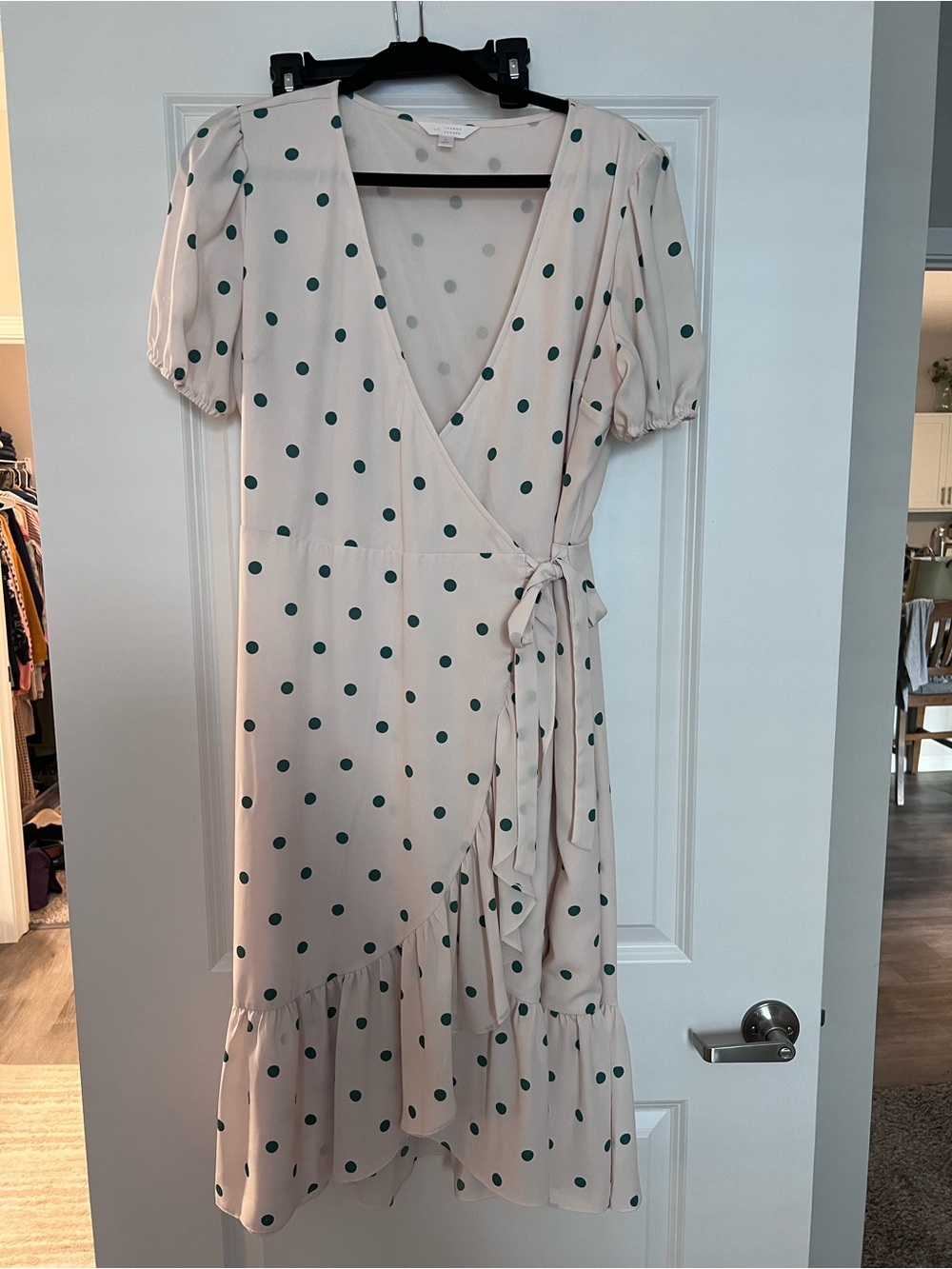 LC Lauren Conrad Cream Wrap Dress with Green Polka Dots